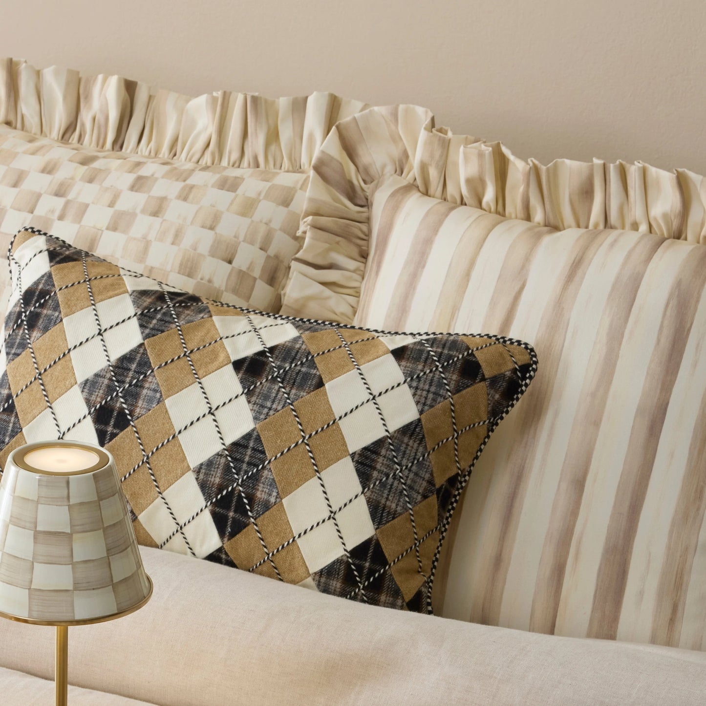 Mocha Stripe Throw Pillow with Ruffle