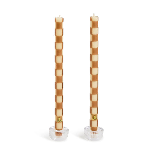 Mocha Check Dinner Candles, Set of 2
